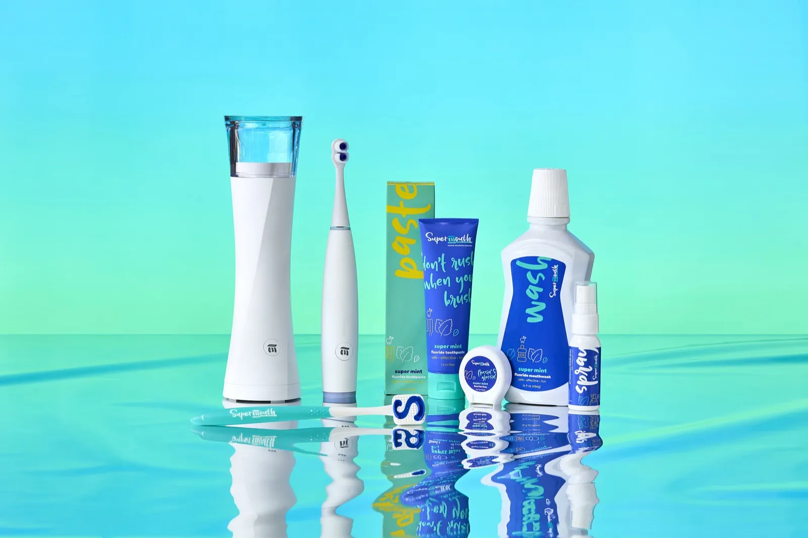 SuperMouth toothbrush, toothpaste, floss, mouthwash and breath spray